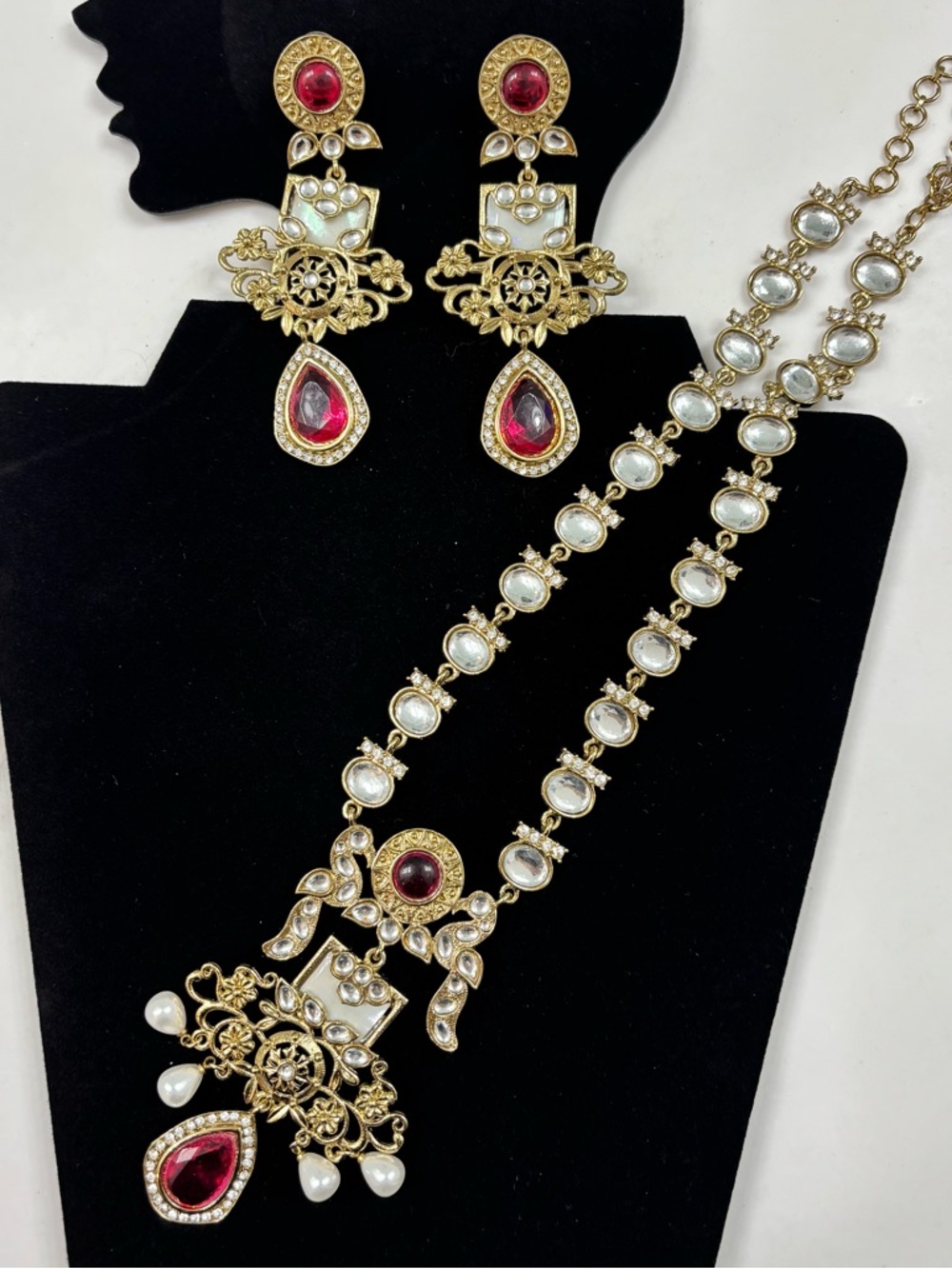 Gold-Tone White & Ruby Red Kundan Mala Necklace Set